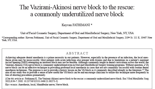The vazirani-akinosi nerve block abstract of page